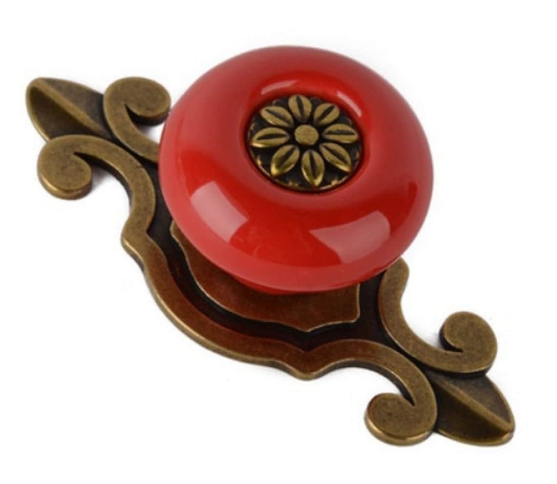 Ceramic Drawer / Door Knob Deep Red Antique Gold Back Plate Etsy