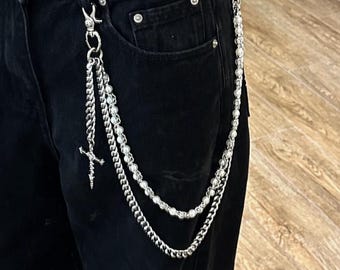 Cadena para pantalones de perlas de doble capa hecha a mano, cadena para cintura con cruz de calavera, accesorio unisex de estilo punk para la cadera, cadena para jeans estilo gótico vintage.