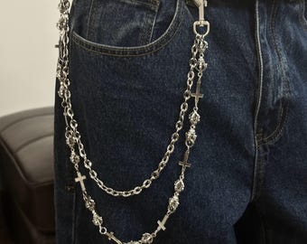 Gothic cross silver chain belt,cross pants accessory,chunky silver layered pants chain,punk metal pants chain,unisex goth hip-hop jewelry