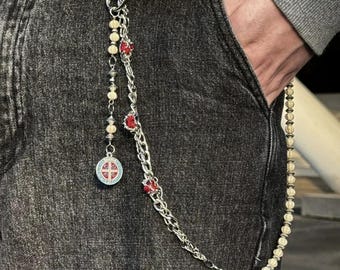 Punk splicing chain pants chain, grunge silver metal pants chain,unisex goth hip-hop jewelry,red beaded pants chain, unisex waist accessory