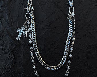 Handmade Double Layer Stainless Steel Pants Chain, Y2K Waist Chain Accessory, Cross Keychain Belt Chain, Chunky Gothic Hip Hop Jewelry