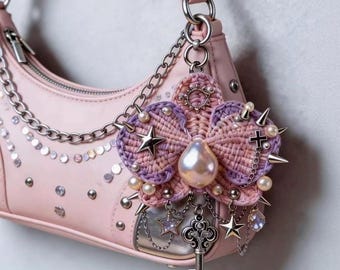 Pink Purple Crochet Orchid Keychain,Spiked Floral Pendant,Star Key Tassel Accessory,Punk Handmade Bag Charm,Y2K Dreamy Floral Accessory
