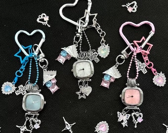 Y2K watch charm keychain,punk watch accessory,vintage watch bag accessory,grunge clock keychain,retro heart watch bag charm,cute watch gift