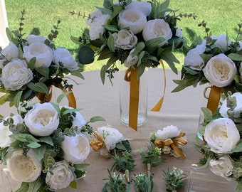 Ramo de novia blanco, flores de boda en tonos salvia y dorado, ramo de peonías de seda, ramos blancos y crema, decoración de eucalipto para boda boho, ramo artificial