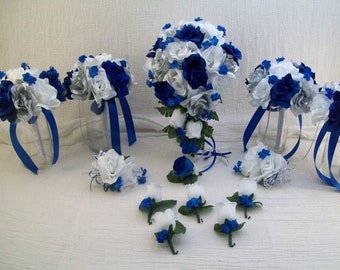 Ramo de novia azul real, plateado y blanco, flores artificiales para boda, conjunto de flores de seda para novia, flores para damas de honor y padrinos, ramos personalizados