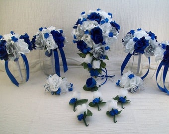 Royal Blue Silver White Bridal Bouquet Fake Wedding Flowers Silk Flower Bridal Set Wedding Flowers For Bridesmaid Groomsmen Custom Bouquets