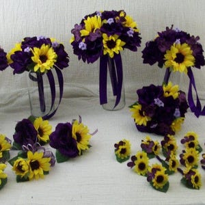 Sunflower Bouquet - Sunflower Wedding Bouquet - Sunflower Bridal Bouquet - Purple Bouquet - Purple Wedding Bouquet - Silk Flower Set