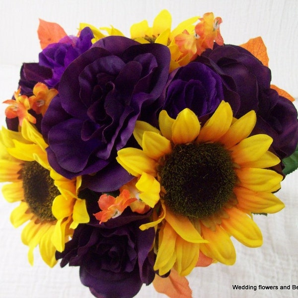 Sunflower Bridal Bouquets Purple Orange and yellow Silk Wedding Flower Package Fall Bridesmaid Bouquets and Sunflower Boutonnieres
