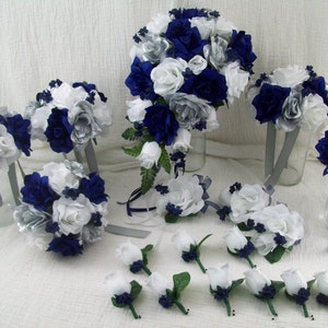 Navy Blue Bridal Bouquet Cascade Blue Wedding Bouquet Set Navy Bridesmaid Bouquet Wedding Flower   Artificial Floral Bouquet Navy Silver