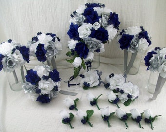 Navy Blue Bridal Bouquet Cascade Blue Wedding Bouquet Set Navy Bridesmaid Bouquet Wedding Flower   Artificial Floral Bouquet Navy Silver
