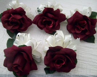 Burgundy and Ivory Wrist Corsages 5 Piece Made To Order Burgundy Rose Corsages Wedding Flowers Prom Corsages Mother Of the Bride Flowers