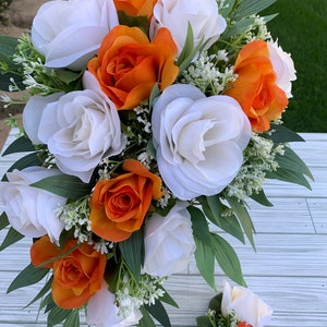 Orange Bridal Bouquet Cascade Wedding Bouquet Rose Babies Breath Eucalyptus Greenery Bridal Bouquet Artificial Wedding Flowers For Bride