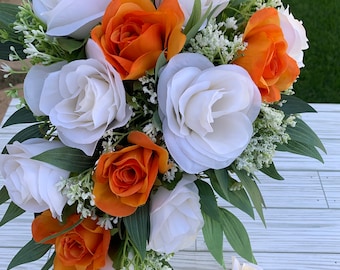 Orange Bridal Bouquet Cascade Wedding Bouquet Rose Babies Breath Eucalyptus Greenery Bridal Bouquet Artificial Wedding Flowers For Bride