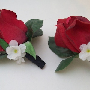Red Real Touch Rose Bud Boutonnieres 2 Piece Boutonniere Set Red Black and White Wedding Flowers  Home Coming Prom Wedding Mens Flowers