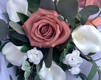 White and Pink Bridesmaid Bouquet Artificial Floral Bouquet For Wedding Fake Calla Lilies & Eucalyptus Wedding Flower Ideas Custom Bouquets