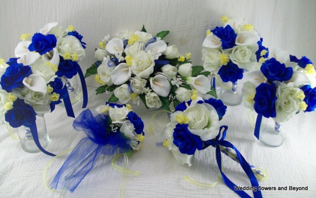 Royal Blue and Yellow Bridal Bouquetcascade Bridal Bouquet Royal Blue