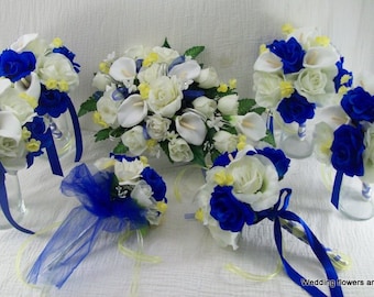 Ramo de novia azul real y amarillo - Ramo de novia en cascada - Flores de boda azul real - Ramo de novia de calas - Conjunto de flores de seda para boda