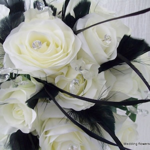 Black and White Bridal Bouquet - Black Feather Bouquet- Black and Ivory Bridal Bouquet- Bling Bouquet- Silk Flower Bridal Bouquet Package