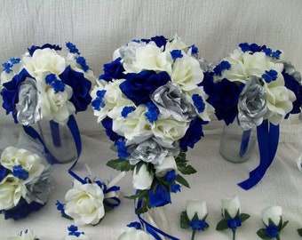 Ramo de novia azul real con arreglos florales artificiales para bodas. Decoración nupcial azul real. Set personalizado de flores artificiales (32 piezas).