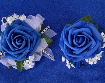 Prom Corsage Blue Wrist Corsage and Boutonniere Set Blue and Silver Wristlet Flowers Prom Floral Keepsake Artificial Corsage Blue Rose Set