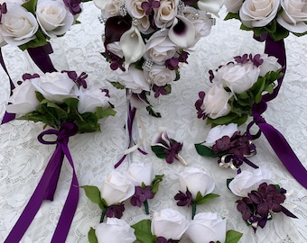 Purple & Ivory Wedding Bouquet Package: Cascade Bridal Bouquet, Bridesmaid Flowers 14 Piece set