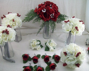 Red Rose Bouquet - Winter Bridal Bouquet -Winter Wedding Silk Flower Package- Evergreen Berry Bridal Bouquet - Ivory Rose Bridal Bouquet-