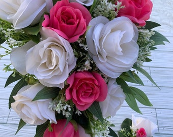 Pink Rose Bridal Bouquet Cascade with Grooms Boutonniere