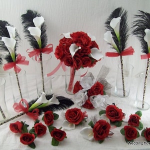 Red Bridal Bouquet - Red and Black Wedding Bouquet - Silk Wedding Flower Set - Red Rose Bouquet - Calla lily Bouquet - Red Wedding Bouquet