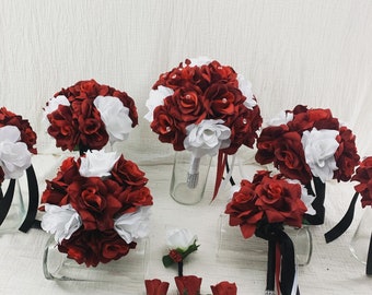Ramos de novia de rosas rojas, ramo rojo, negro y blanco, ramos para damas de honor, rosa roja, ramo de flores de seda rojas, ramo de novia artificial.