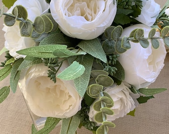White Peony Bridal Bouquet Set: Gold Ribbon, Eucalyptus Greenery