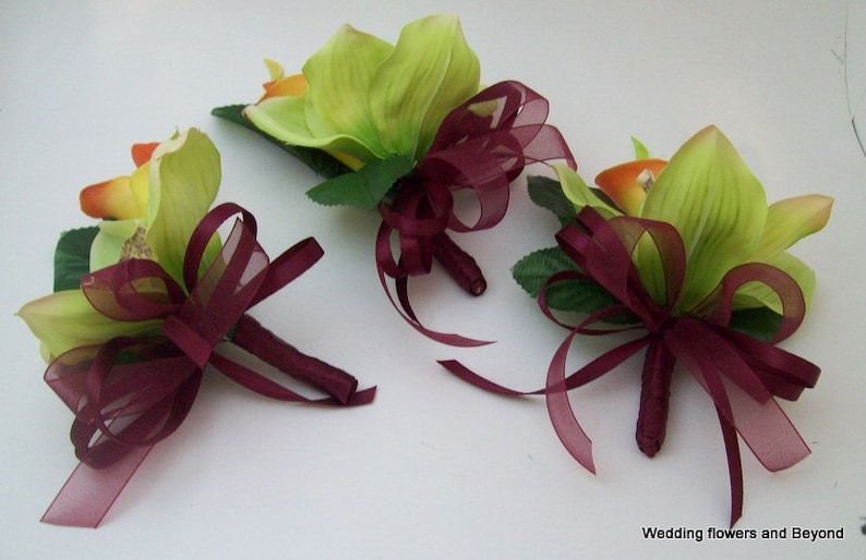 WeDDiNG, QuiNCeaNeRa, PRoM FLoWeRS 3 PieCe GReeN Cymbidium oRCHiD and ReaL TouCH CaLLa LiLY CoRSaGeS For MoMS WeDDiNG FLoWeRS image 2