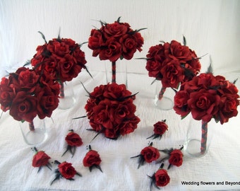 Ramo rojo para dama de honor - Ramo rojo para novia - Flores rojas y negras para boda - Ramo de novia rojo y negro - Ramo artificial - Ramo de seda