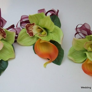 WeDDiNG, QuiNCeaNeRa, PRoM FLoWeRS 3 PieCe GReeN Cymbidium oRCHiD and ReaL TouCH CaLLa LiLY CoRSaGeS For MoMS WeDDiNG FLoWeRS image 3