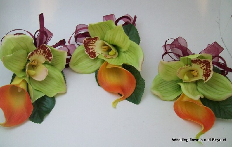 WeDDiNG, QuiNCeaNeRa, PRoM FLoWeRS 3 PieCe GReeN Cymbidium oRCHiD and ReaL TouCH CaLLa LiLY CoRSaGeS For MoMS WeDDiNG FLoWeRS image 3