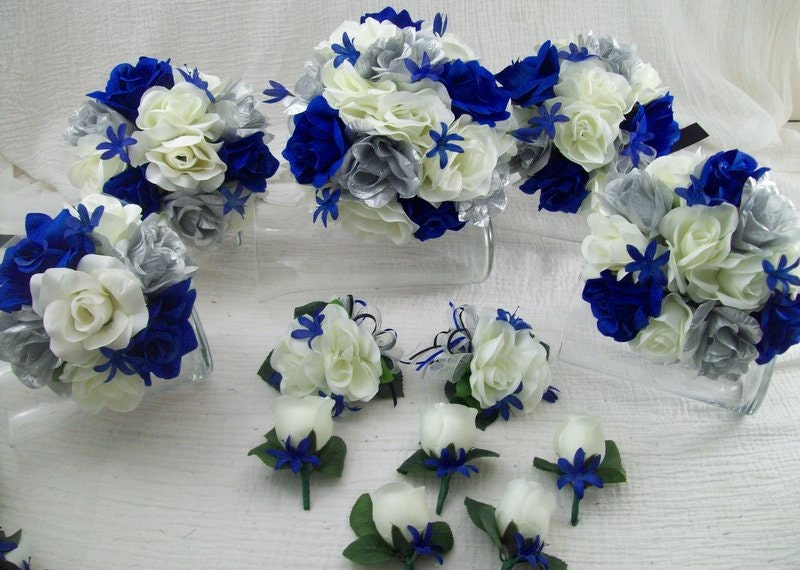 JaneVini Vintage Royal Blue Artificial Wedding Bouquet for Bride