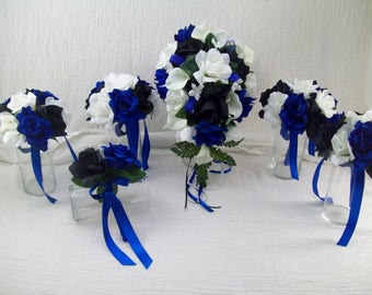 Ramo de flores de seda blancas y negras - Ramo de novia azul - Ramo de novia en cascada - Ramo artificial - Conjunto de flores de seda - Ideas para flores de boda