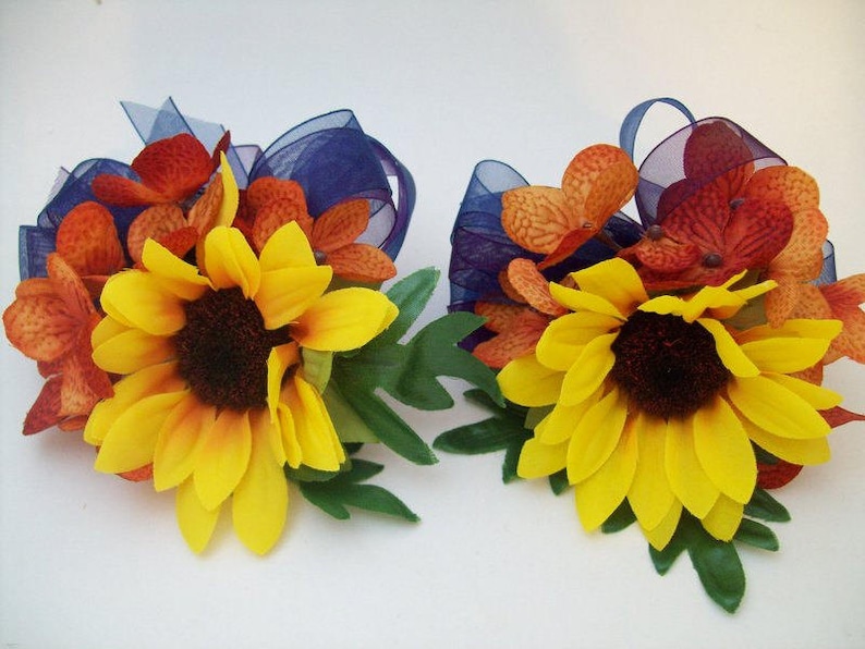 Sunflower Corsages and Boutonnieres Navy Blue and Yellow Silk Fall Wedding Flowers Rustic Fall Wedding Made To Order by Van Caron Collection