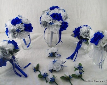 Royal Blue Silver and White Bridal Bouquets-Silk Rose Wedding Package-Bridesmaid Bouquet-Horizon Blue Bouquet-Silk Flower Set-Wedding Flower