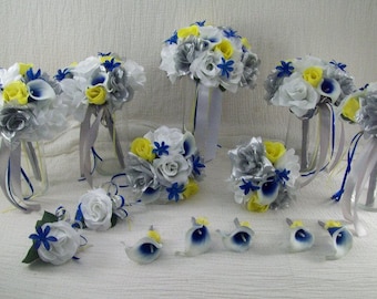 Blue Bridal Bouquet - Yellow Bridal Bouquet - Wedding Bouquet - Silk Flower Set - Wedding Flowers - Calla Lily Bouquet - Rose Bouquet