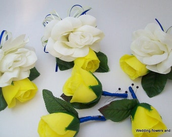 Yellow and Blue Boutonnieres and Corsages, Wedding,Prom,Quinceanera,6 Piece 3-Boutonnieres And 3-Corsages Wedding Flowers Many Color Choices