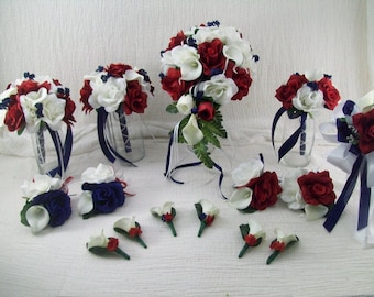 Ramo de novia rojo - Ramo de novia azul marino - Ramo en cascada - Ramo de novia de calas - Flores para boda militar - Conjunto de flores de seda