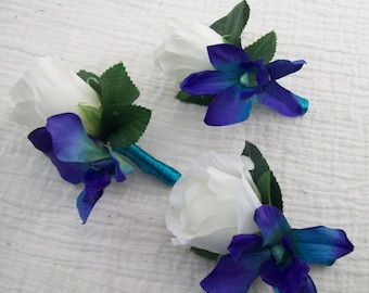 Boutonniere de orquídea azul - Boutonniere de seda de orquídea galaxia - Boutonniere de orquídea azul y blanca - Boutonniere de orquídea galaxia - Boutonniere para baile de graduación