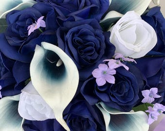Navy Blue Bridal Bouquet Set  Artificial Wedding Flowers Blue and Lavender Bouquet Package