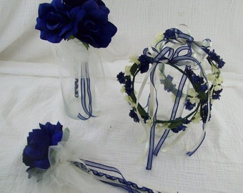 Conjunto de halo y varita azul marino para niña de las flores, corona de flores azul marino, flores de seda, conjunto de halo de 4 piezas