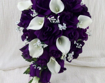 Purple Bridal Bouquet, Cascade Bouquet, Wedding Bouquet, Flower Bouquet, Wedding Flowers, Silk Bouquet, Calla Lily, Van Caron Collection