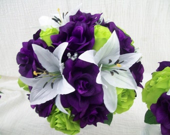 Ramo morado, rosas verde lima y verde manzana, lirios tigre blancos. Ramo de novia de flores de seda. Paquete hecho a medida.