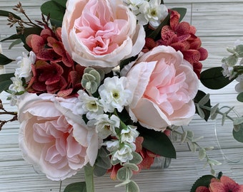 Dusty Rose Boho Bridal Bouquet with Peonies, Hydrangeas, Eucalyptus – Includes Grooms Boutonniere 2-piece Artificial Flower Set