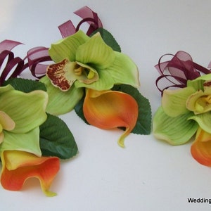 WeDDiNG, QuiNCeaNeRa, PRoM FLoWeRS 3 PieCe GReeN Cymbidium oRCHiD and ReaL TouCH CaLLa LiLY CoRSaGeS For MoMS WeDDiNG FLoWeRS image 1