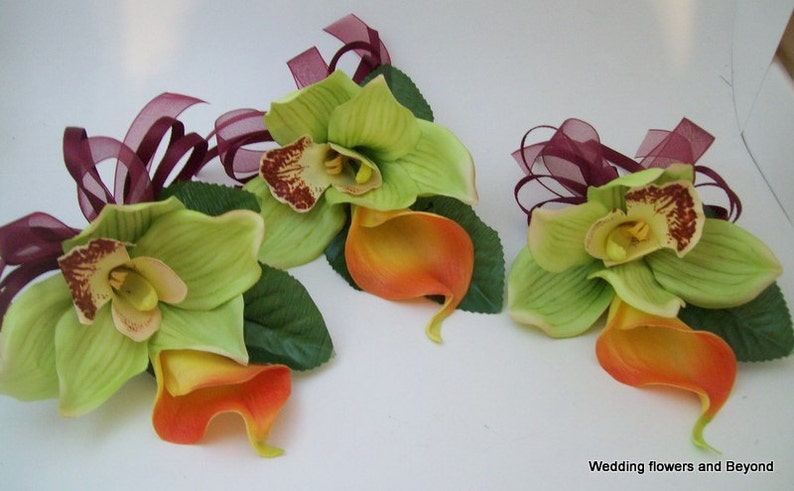 WeDDiNG, QuiNCeaNeRa, PRoM FLoWeRS 3 PieCe GReeN Cymbidium oRCHiD and ReaL TouCH CaLLa LiLY CoRSaGeS For MoMS WeDDiNG FLoWeRS image 1