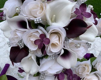 Ivory and Purple Bridal Bouquet Cascade Wedding Bouquet Artificial Flower Bouquet for Wedding Bridesmaid, Ivory Silk Flower Bouquet Set